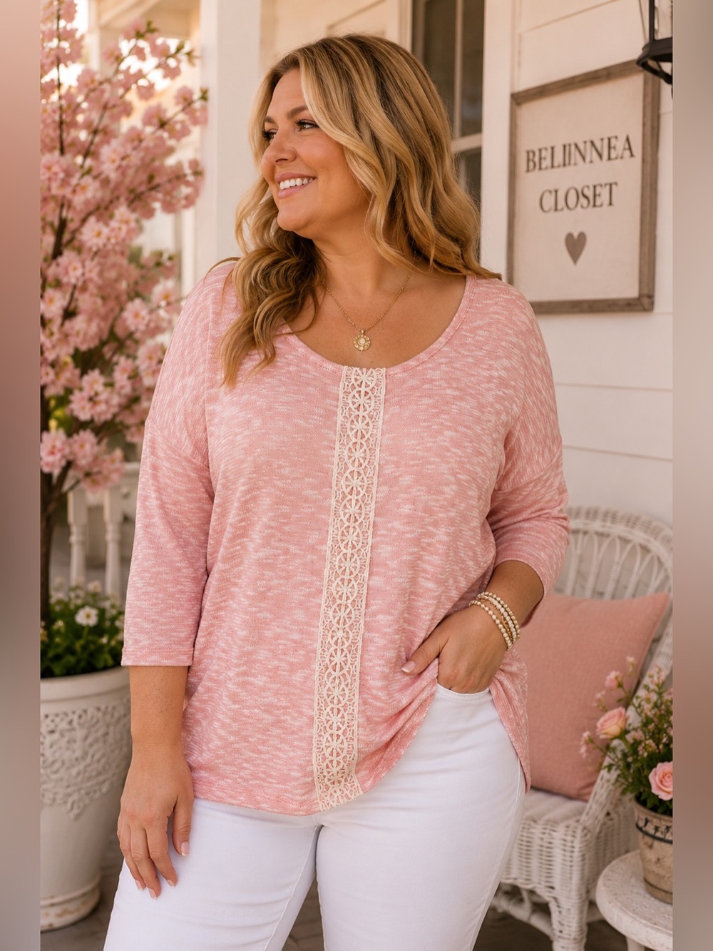 Jessica Simpson Heathered Blush Pink Lace Trim Knit Top 1X | Soft Feminine Boho